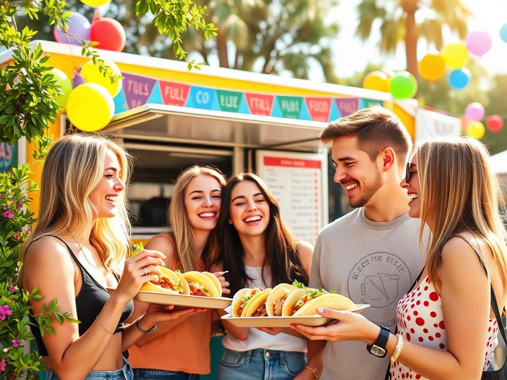 Friends sharing trays of street tacos in front of a colorful food truck