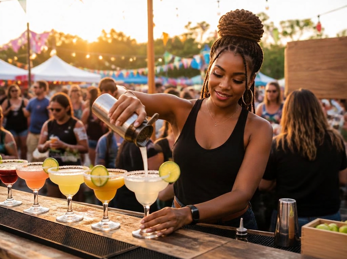 A bartender shaking a cocktail beside a row of bright margaritas with salted rims