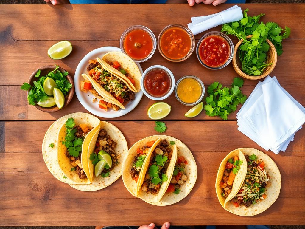 Overhead view of tacos, salsas and limes spread across a table at an outdoor festival