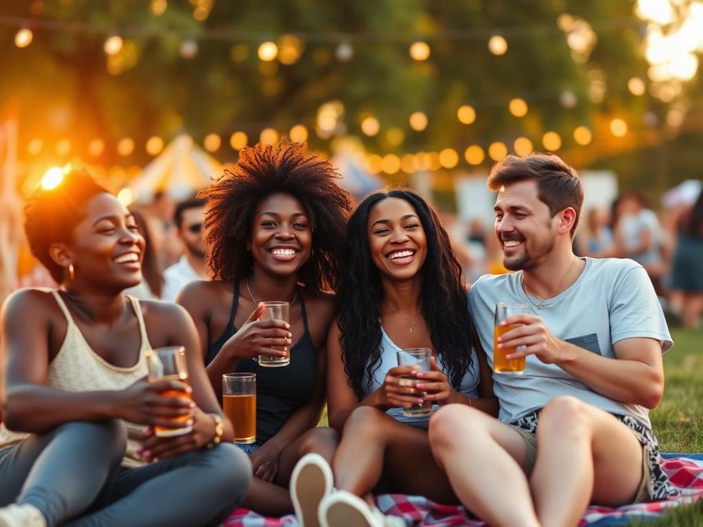 A diverse group of friends laughing together on a picnic blanket