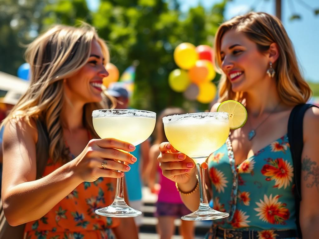 Two friends clinking margaritas in bright festival light